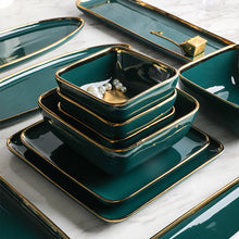Load image into Gallery viewer, Tableware Green Ceramic Dinner Set Gold Inlay Porcelain Dessert Plate Steak Snack Cake Plate Salad Soup Rice Bowl Wholesale