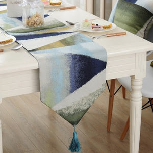 Table Runner Cotton Blend Cover Fabric Blue Art Geometric Jacquard Tablecloth Home Decoration