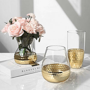 Nordic Luxury Golden Glass Vase Vogue Modern Electronic Rose Gold Plated Big Belly Vase Desktop Decorate Clear Glass Oraments