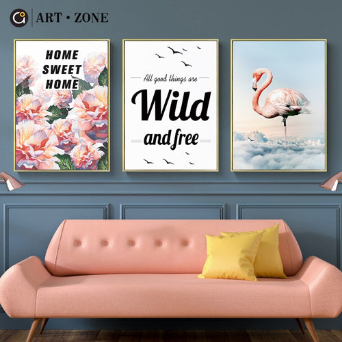 ART ZONE Flamingo Art Painting Nordic Wild And Free Letter Canvas Painting Wall Art Print Home Decor Living Room Bedroom Poster