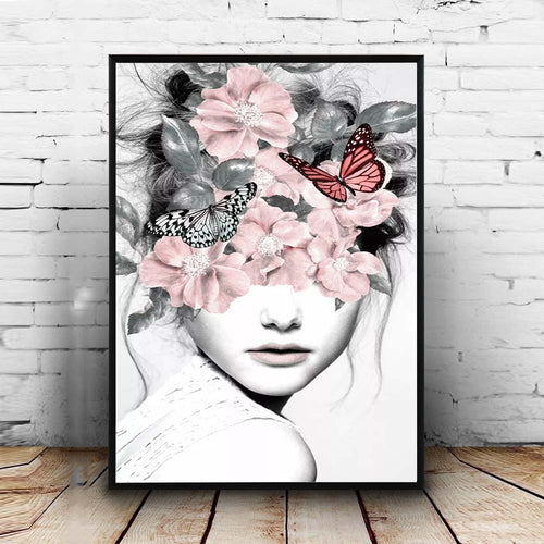 Pink Flower Girl Portrait Poster Nordic Canvas Painting Wall art Posters and Prints Abstract Pictures For Living Room decoration