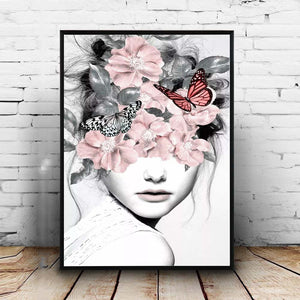 Pink Flower Girl Portrait Poster Nordic Canvas Painting Wall art Posters and Prints Abstract Pictures For Living Room decoration