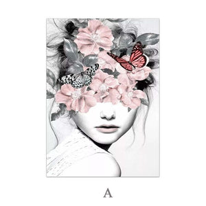 Pink Flower Girl Portrait Poster Nordic Canvas Painting Wall art Posters and Prints Abstract Pictures For Living Room decoration