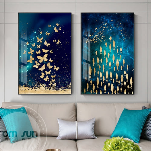 Modern Flewing Bird Butterfly Fish Landscape Poster And Print Abstract Wall Art Painting For Living Room Aisle Unique Home Decor