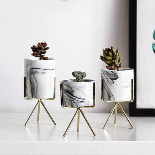 Nordic Minimalism Style Marble Pattern Golden Ceramics Iron Art Vase Tabletop Flower Pot Home Wedding Living Room Decoration