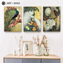 Load image into Gallery viewer, ART ZONE Peacock Art Canvas Painting Flower Feather Bird Pastoral Wall Art Print Poster Picture Living Room Home Decor Painting