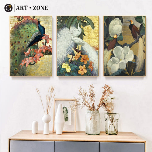 ART ZONE Peacock Art Canvas Painting Flower Feather Bird Pastoral Wall Art Print Poster Picture Living Room Home Decor Painting