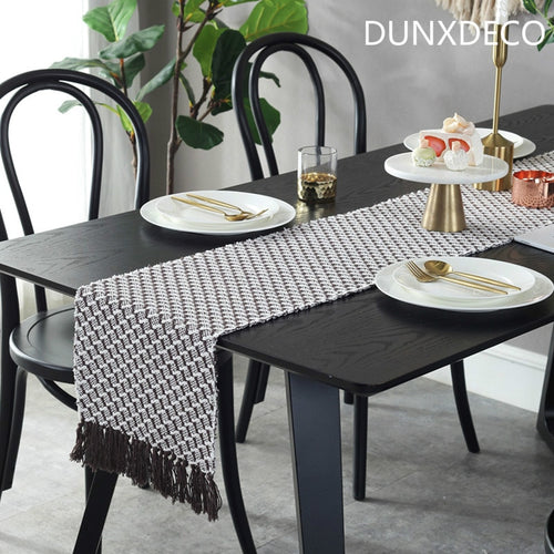 Table Runner Tablecloth Cover Fabric Nordic Geometric White Brown Check Tassels Modern Home Office Store Decoration