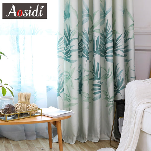 Green Leaves Printed Curtains For Living Room Bedroom Window Modern Sheer Tulle And Curtains Luxury Chinese Drapes Fabric Blinds