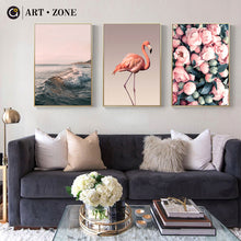 Load image into Gallery viewer, Rose Flamingo Landscape Painting Nordic Home Decor Wall Art Seascape Flower Sea Print Living Room Picture Poster