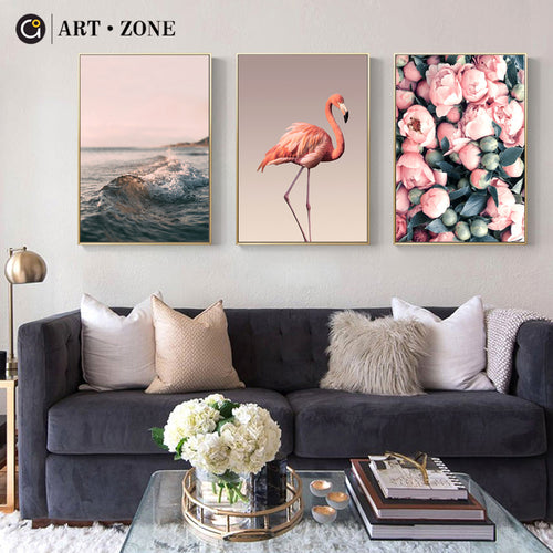 Rose Flamingo Landscape Painting Nordic Home Decor Wall Art Seascape Flower Sea Print Living Room Picture Poster