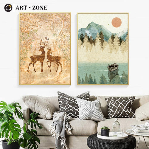 Sika Deer Landscape Painting Dusk Art Retro Wall Print Painting Poster Sailboat Scenery Poster Picture Home Decor