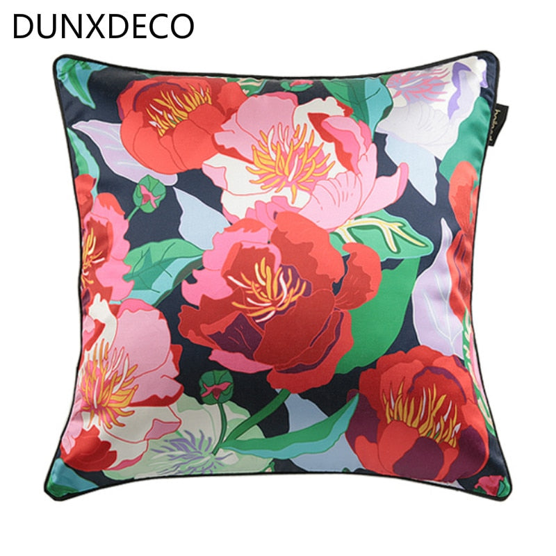 Cushion Cover Square Decorative Pillow Case Imitation Silk Fresh Big Red Flora Print Home Office Sofa Decor