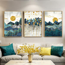 Load image into Gallery viewer, Nordic Geometric Mountain Landscape Golden Sun Wall Art Canvas Painting