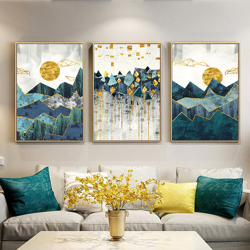 Nordic Geometric Mountain Landscape Golden Sun Wall Art Canvas Painting