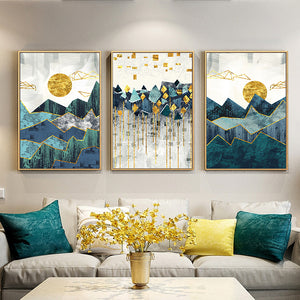 Nordic Geometric Mountain Landscape Golden Sun Wall Art Canvas Painting