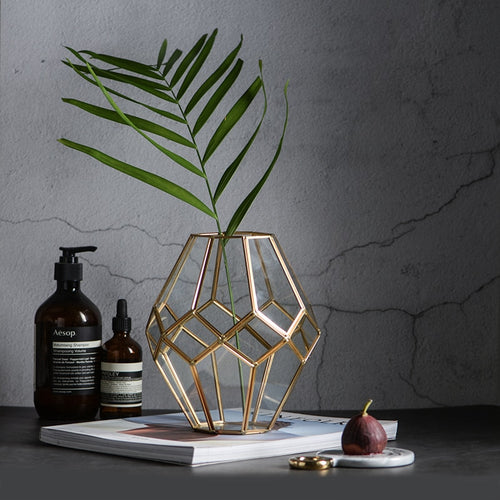 Nordic retro style golden glass vase copper strip geometric vase Dry decoration Crafts glass terrarium wedding home decoration