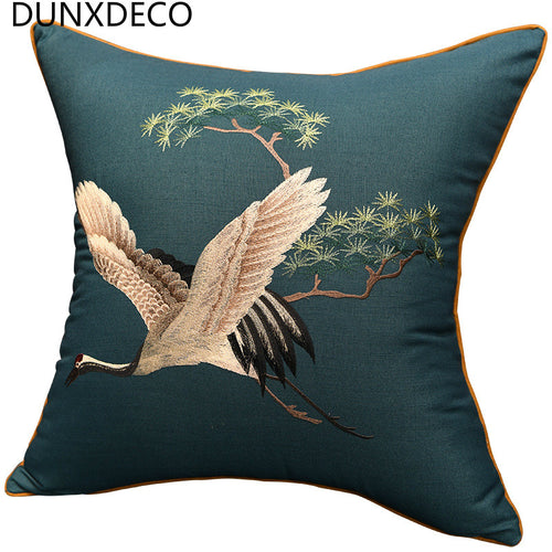 Cushion Cover Decorative Pillow Case Vintage Chinese Traditional Classical Crane Linen Cotton Vivid Embroidery Coussin