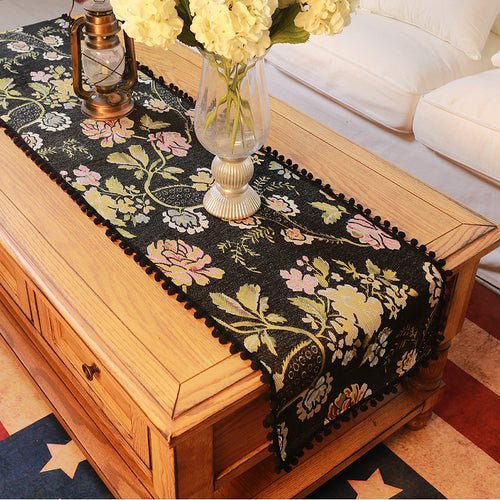 Table Runner Heavy Jacquard Tablecloth Vintage Black Big Flora Bar Coffee Store Mesa Cover Fabric Decor