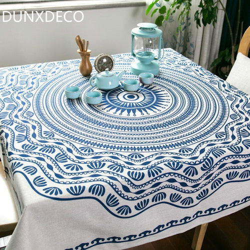 Tablecloth Linen Cotton Table Cover Fabric Vintage Blue White Porcelain Design Artistic Elegant Home Decoration