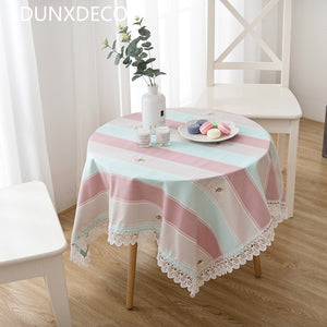 Tablecloth Round Table Cover Wedding Party Desk Mat Fabric Mediterranean Pink Blue Stripe Flora Embroidery Home Decor