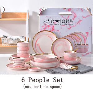 6 People Set Pink Marble Ceramic Dinner Dish Rice Salad Noodles Bowl Soup Plates Dinnerware Sets Tableware Kitchen Cook Tool