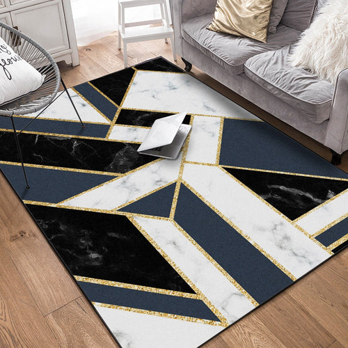 Fashion heavy metal style living room carpet Blue geometric ins bedroom rug Black white marble gold strip floor mat customize