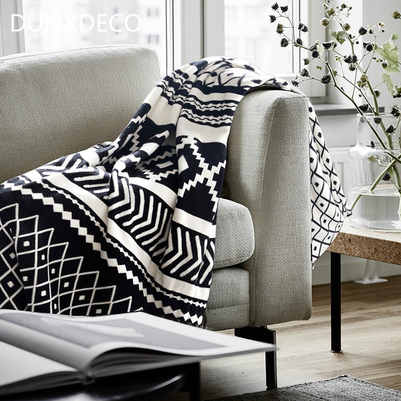 Blanket Cotton Knitting Throw Nordic Modern Simple White Black Geometric Air-condition Sofa Bedding 130x180CM