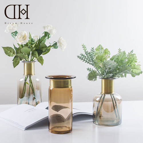 Dream House DH Nordic Modern Flower Coppery Bottleneck Glass Vases Decorative For Home Party Wedding Decoration Accessories