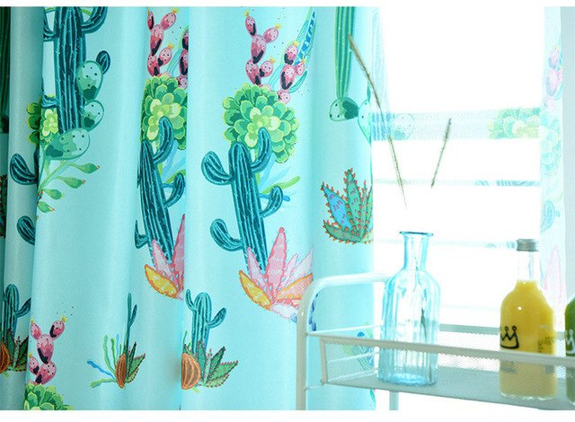 Nordic Style Cactus Semi Blackout Curtain for Living Roon Kids Room Window Panels Plants Printed Bedroom Simple Modern Decor